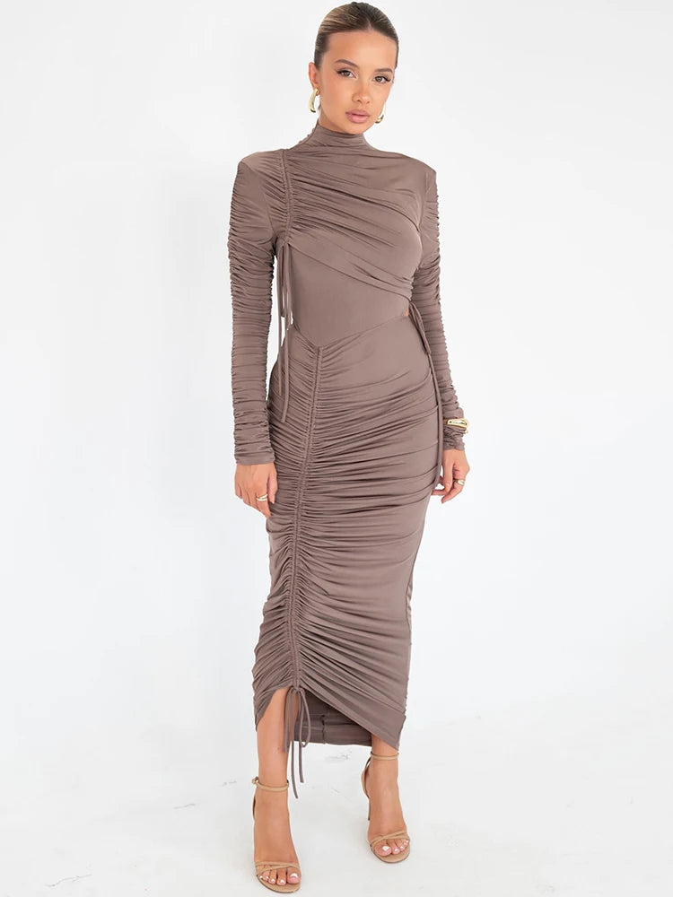 Long Sleeve Ruched Maxi Dress for Autumn Winter New Drawstring Turtleneck Bodycon Long Dress