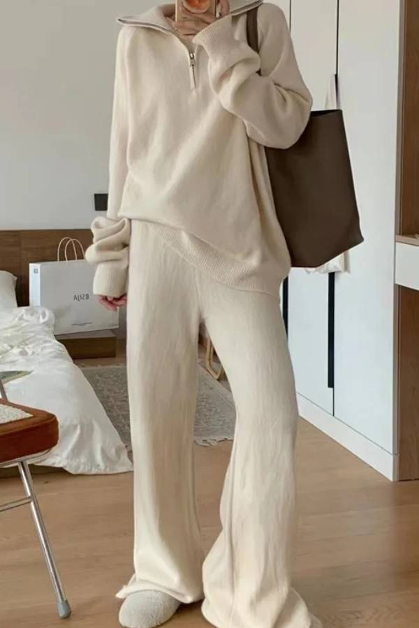 Lapel Sweater and Wide-leg Pants Two-piece Suit