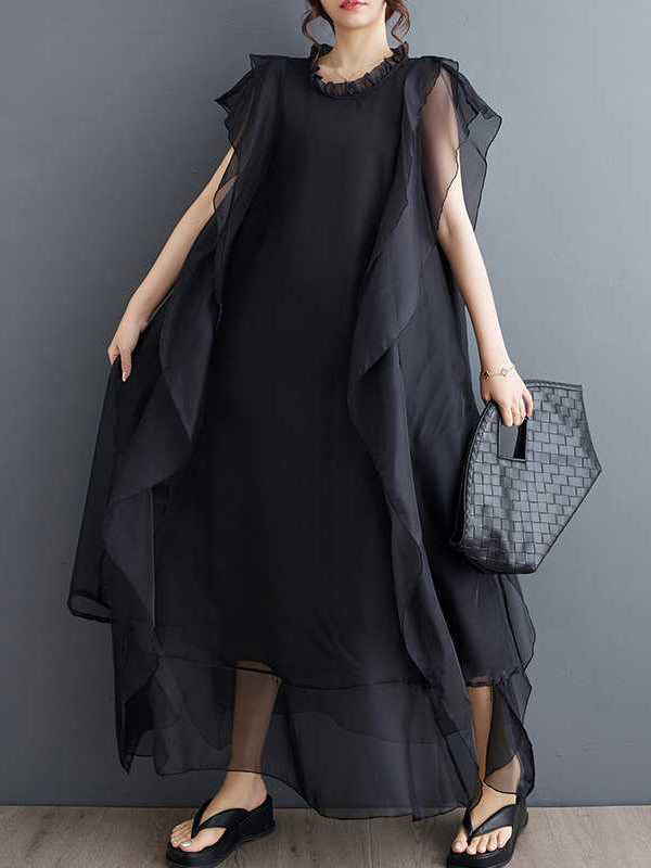 Loose Ruffle Sleeves Falbala Ruffled Color Round-neck Midi Dresses
