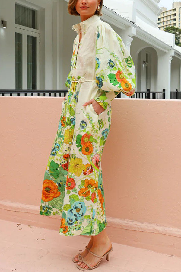 Summer Party Print Balloon Sleeve Pocketed Belt Shirt Midi Dress