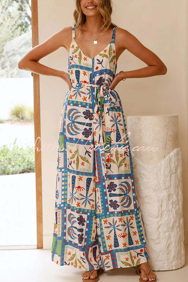 Unique Beach Vacation Print V-neck Suspenders Wide-leg Jumpsuit