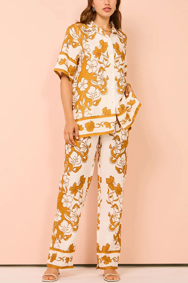 Print Short Sleeve Shirt Top and Elastic Waist Loose Pocket Pants Set