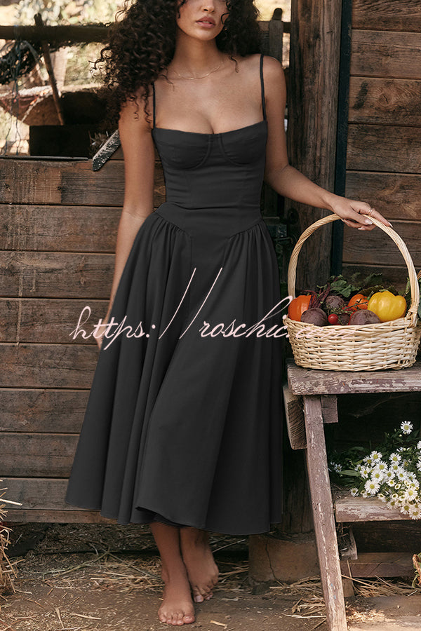 Color Slim Fit Suspender Pocket Midi Dress