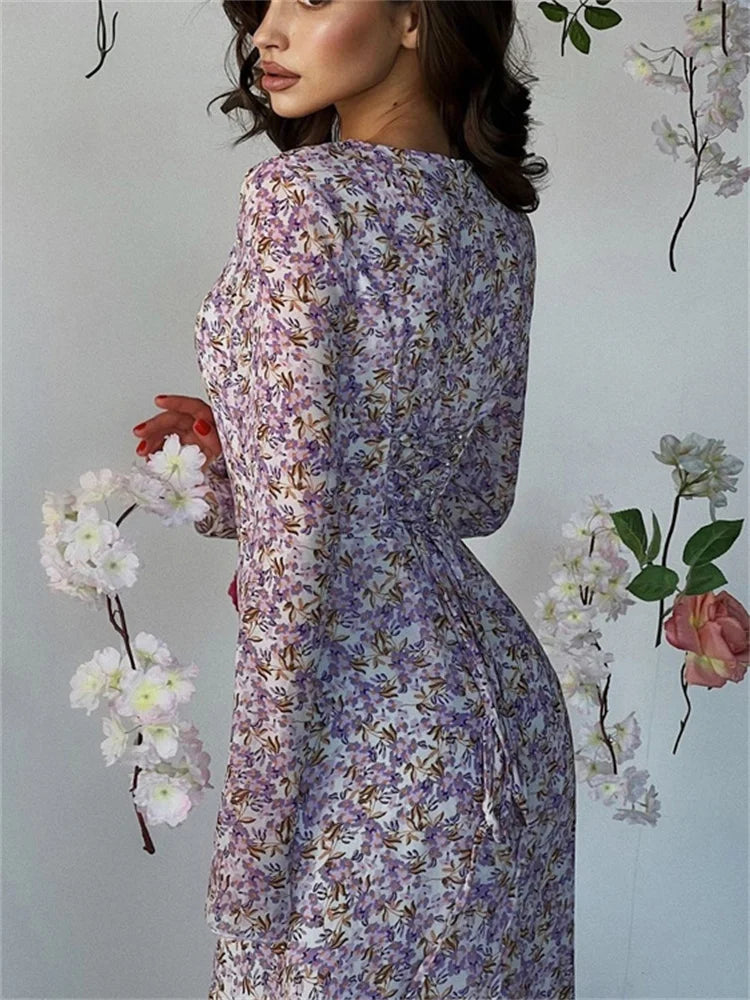 Printed Maxi Dress for Lace-up Long Sleeve Party Dress High Waist Bandage ’s Bodycon Dress New