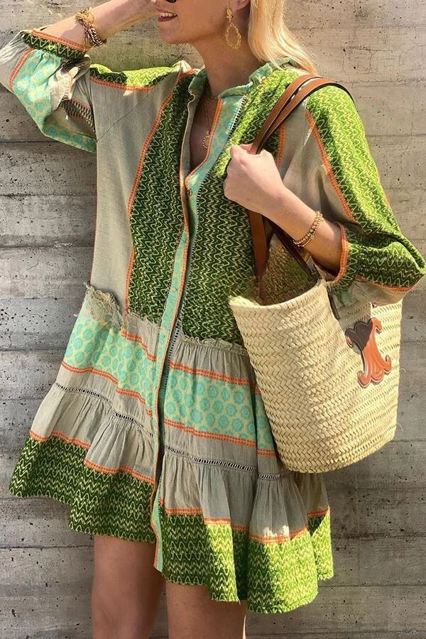 Vacation Style Print Button Loose Mini Dress