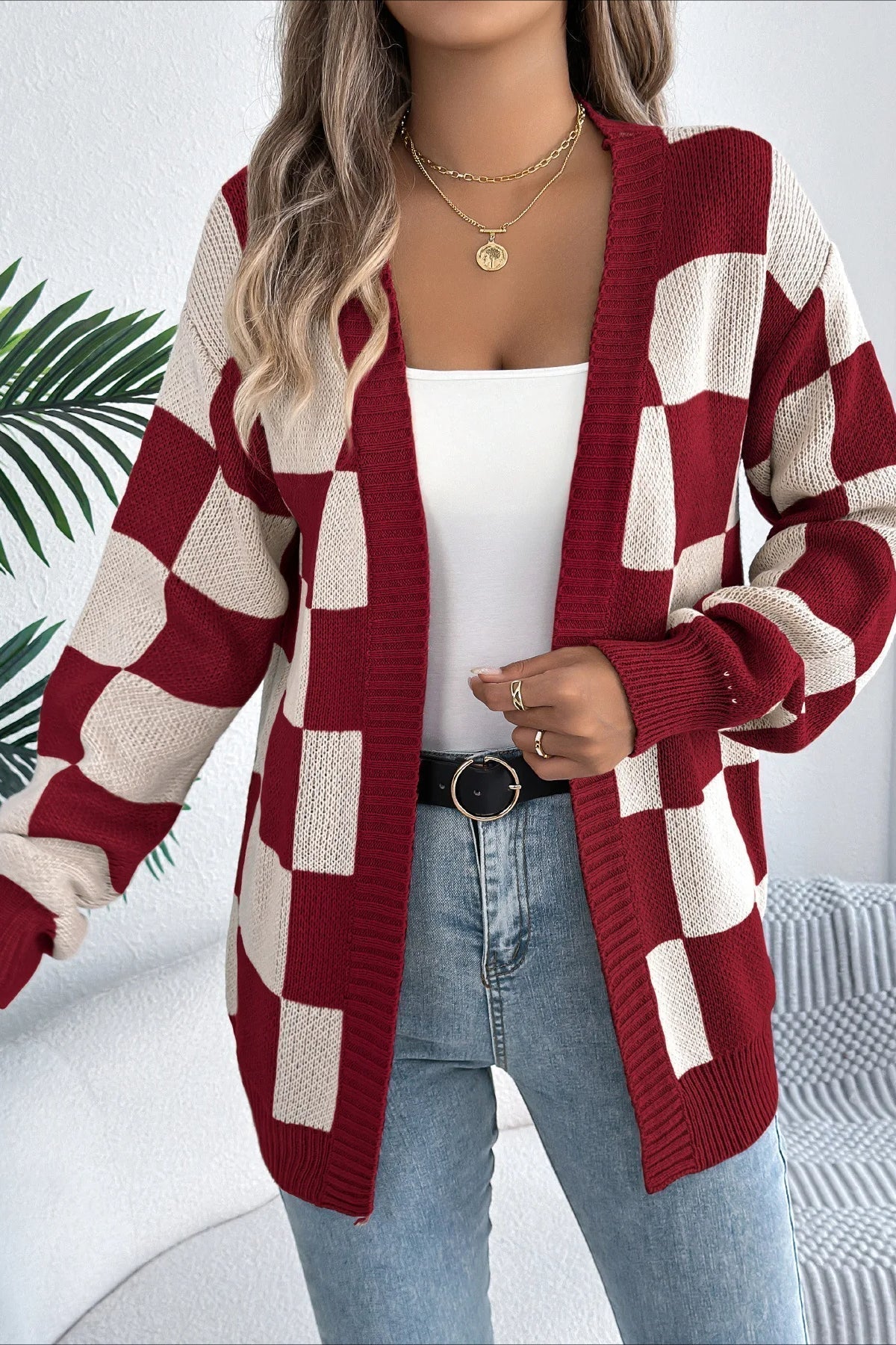 Plaid Knit Loose Cardigan