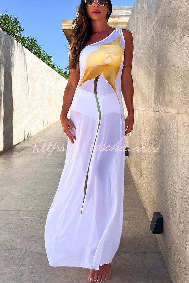 Dalia Tulle See Through Print One Shoulder Vacation Maxi Dress