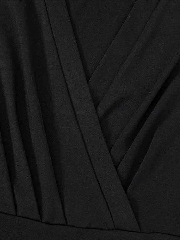A-line Long Sleeves Gauze Pleated Split-joint V-neck Midi Dresses