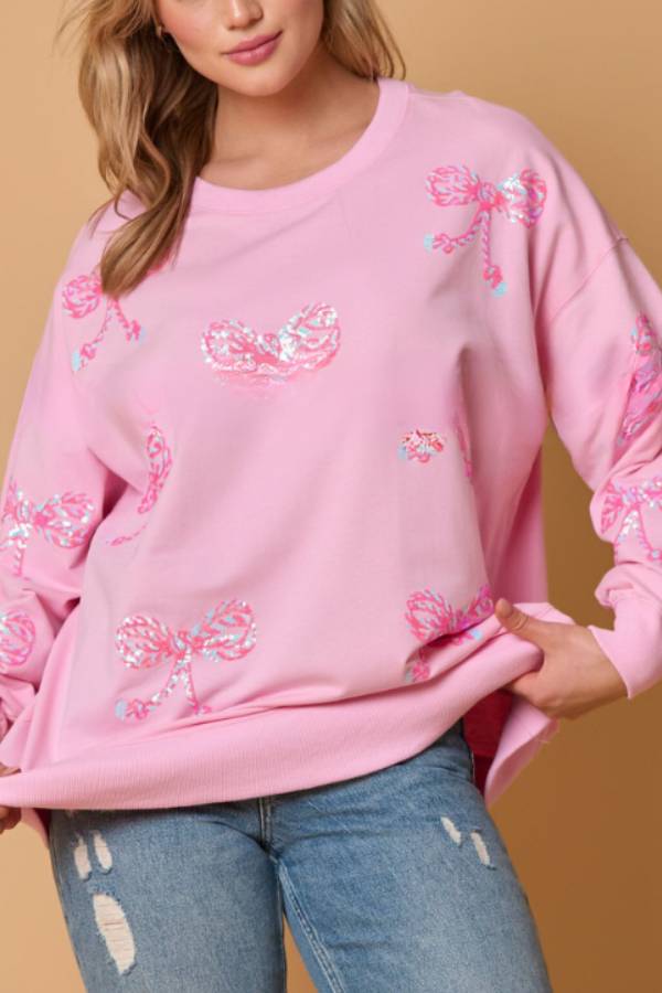 Bowknot Sequined Loose Long Sleeve Sweatshirt