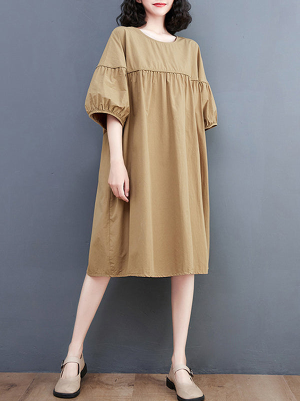Loose Short Sleeves Color Round-neck Midi Dresses