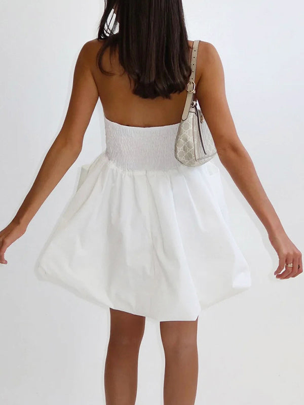 A-line High Waisted Elasticity Pleated Pockets Color Tube Mini Dresses