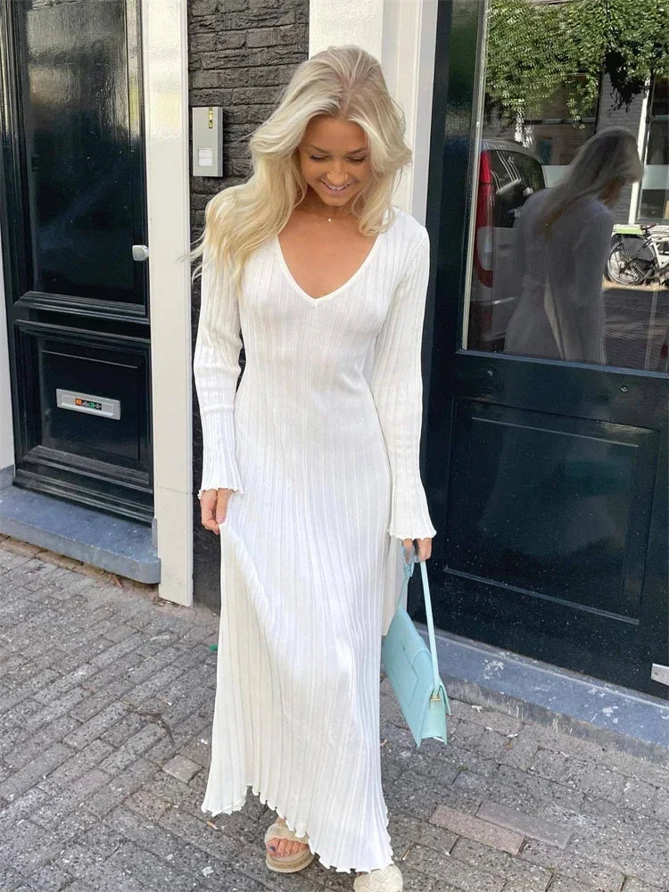 Autumn New V-neck Knit Maxi Dress Ribbed Long Sleeve High Waist Pleated Dresses Knitwear