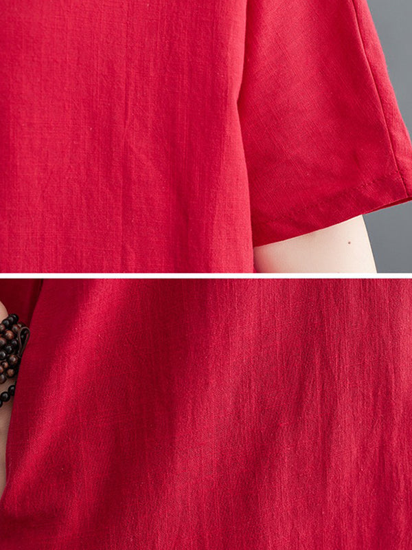 A-line Loose Chinese Frog Buttons Pockets Color Split-side V-neck Midi Dresses
