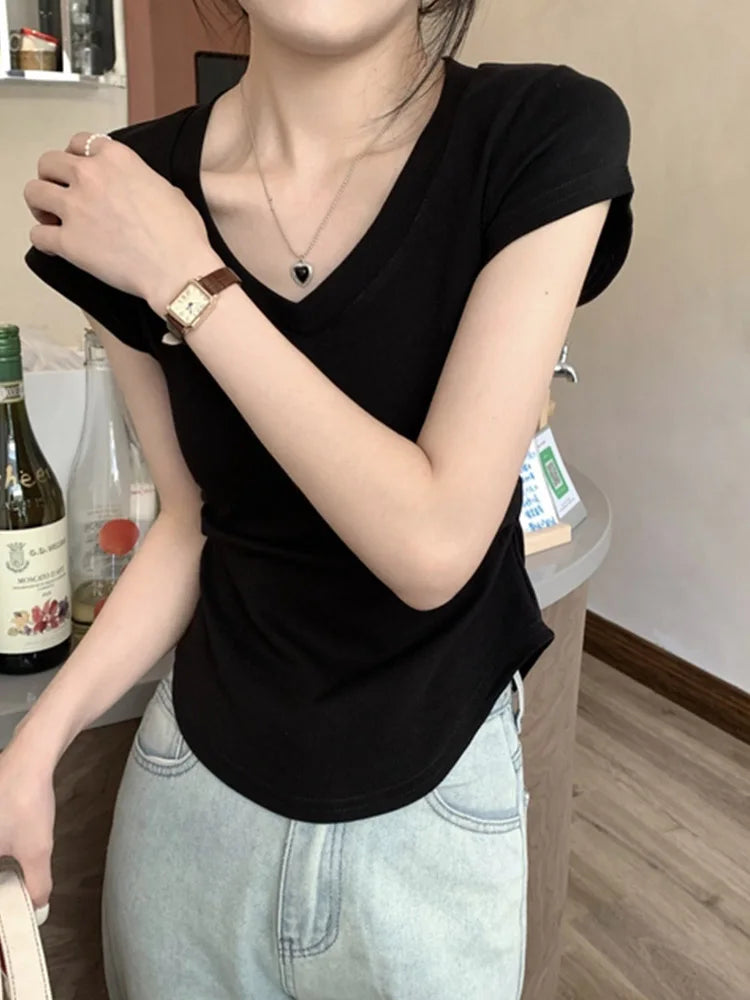 Summer New Color Slim ’s T-shirt Loose Basic T-shirt Woman Black White Gray Simple Top Female