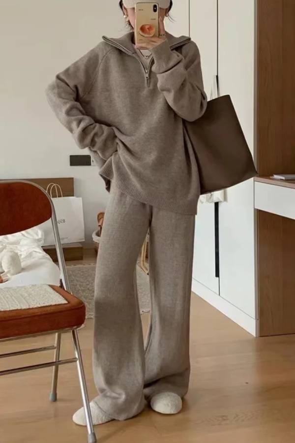 Lapel Sweater and Wide-leg Pants Two-piece Suit