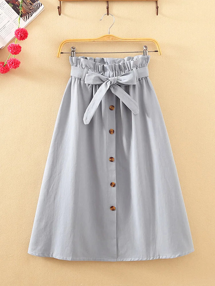 Summer Autumn Skirts Midi Knee Length Korean Button High Waist Skirt Female Pleated School Skirt