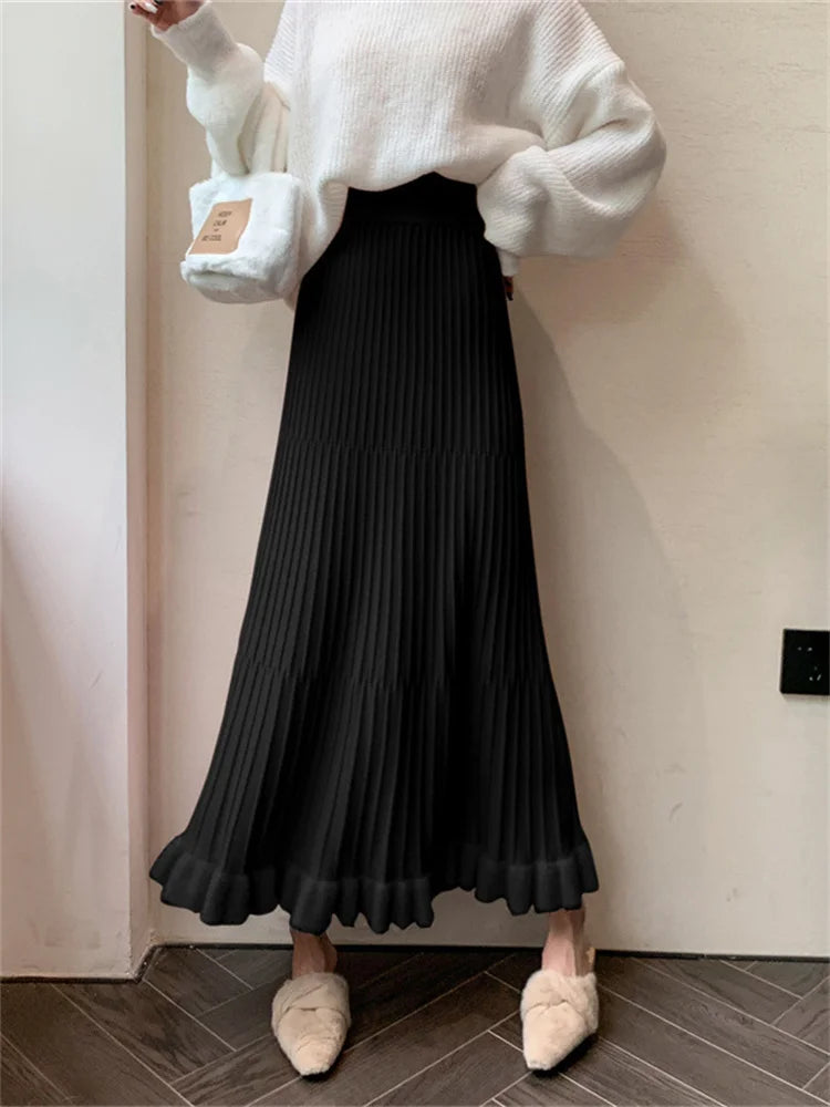 High Waist Ruffled Pleated Skirts Autumn Long Skirt Loose Pleated Ribbed Maxi Skirt