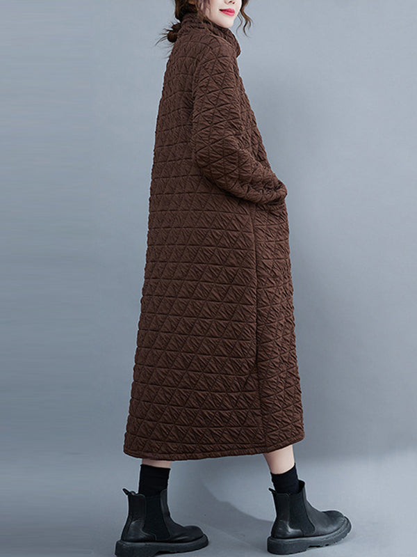 Long Sleeves Loose Color Textured High-neck Cotton Padded Midi Dresses
