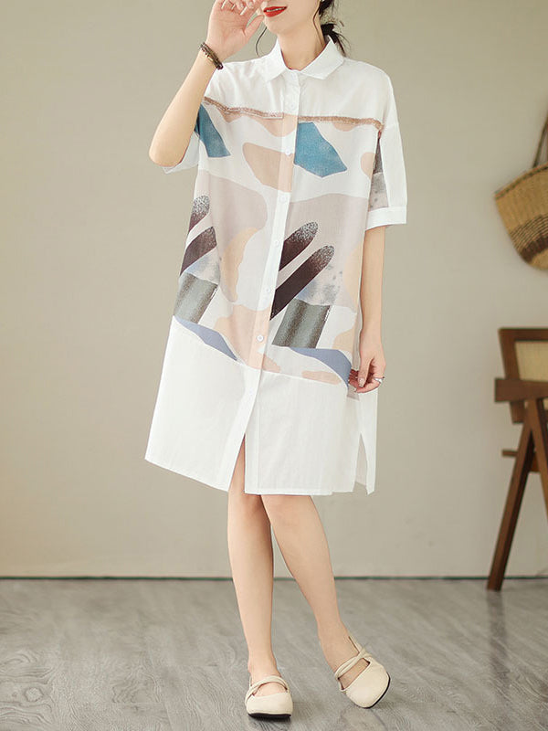 Loose Short Sleeves Printed Split-joint Split-side Lapel Midi Dresses