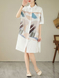Loose Short Sleeves Printed Split-joint Split-side Lapel Midi Dresses