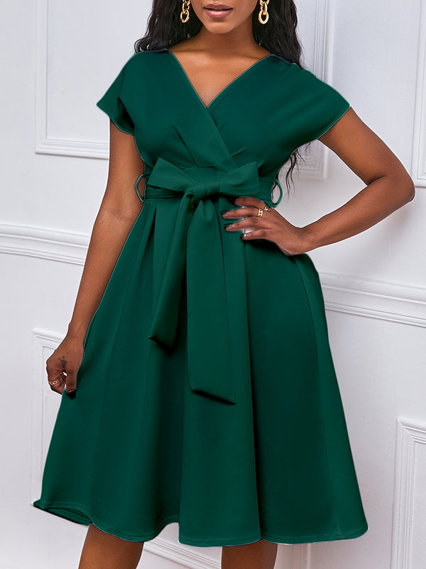 Bowknot Lace-up Color V-neck Midi Dresses