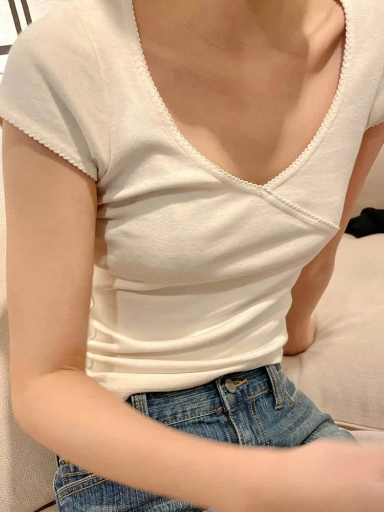 Slim T-shirt Summer V Neck Cotton Top Femme Sweet Y2k Simple Tee Tops Woman Clothes