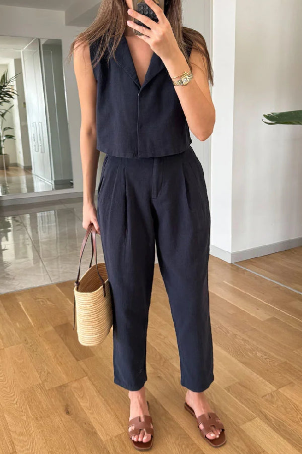 Lapel Vest & Pants Cotton Linen Two-piece Set