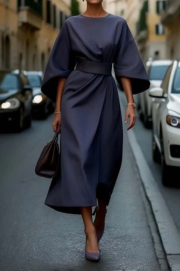 Color Batwing Sleeve Waisted Midi Dress