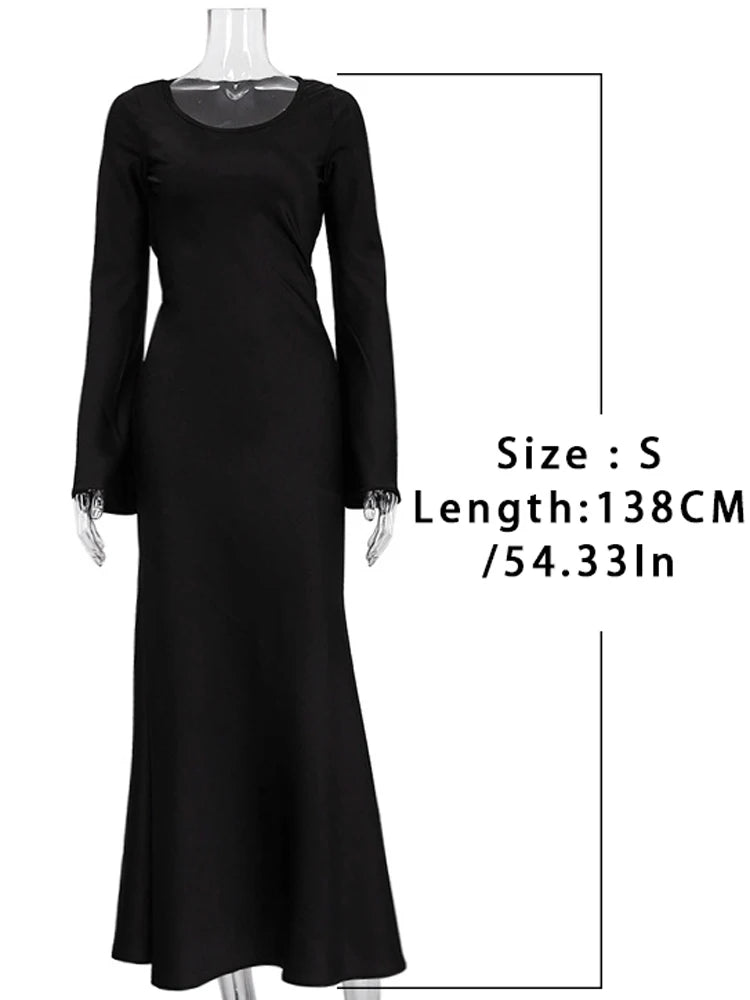 Black Satin Bandage Maxi Dress Slin High Waist Patchwork Long Sleeve Dress Gown Long Dress