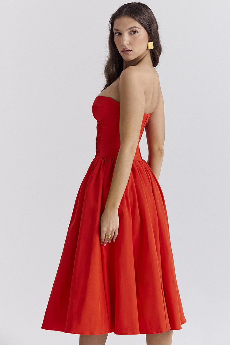 Strapless Corset Pleated Hem Prom Party Midi Dresses-red