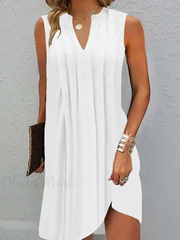 Loose Sleeveless Pleated Color V-neck Mini Dresses