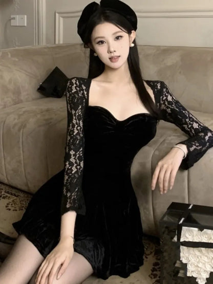 Velet Mini Dress Mesh Pactwork Long Sleeves Square Collar High Waist A-line Autumn Spring Evening Party Vestidos New