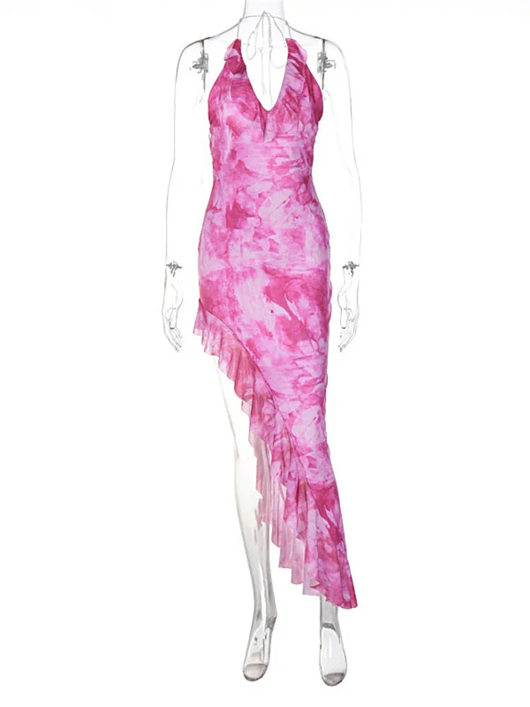 Printed Ruffled Lace-up Midi Dress Female Mesh Patchwork Backless Party Dress Slim V-neck Tulle Skirt