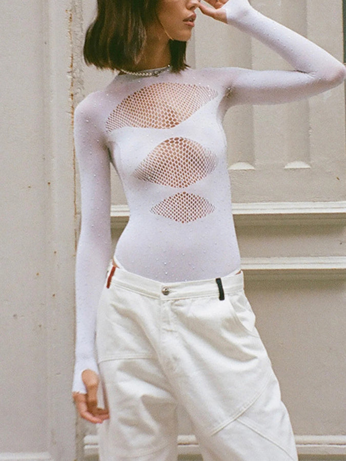 High-elastic Knitted See-through Long-sleeved Hollow Jumpsuit