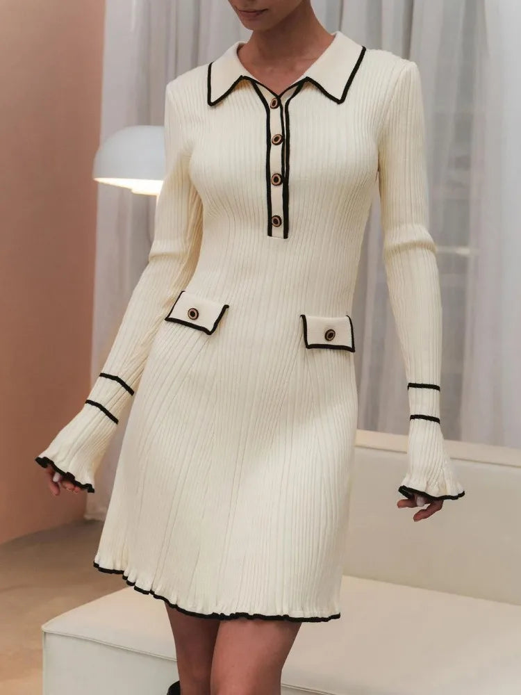 Lapel Contrast Mini Dress High Waist Autumn Ribbed Patchwork Long Sleeve Dress Ruffled Knit Dress