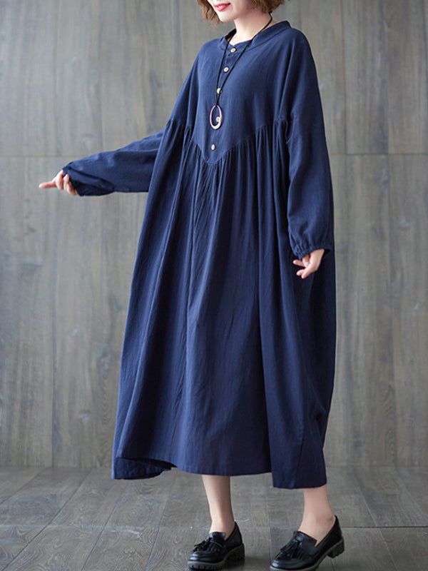 Loose Puff Sleeves Pleated Color Stand Collar Midi Dresses