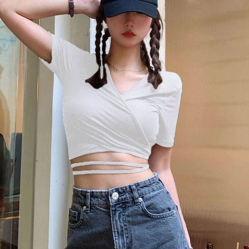 Summer Tee Tops T Shirts V-neck Cropped Top Cross Tie-up Harajuku Basic Korean Street T-shirts Mujer Y2k