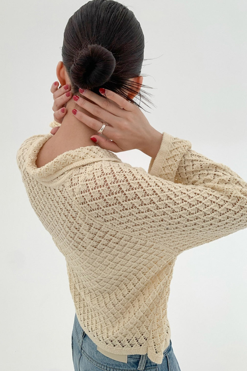 Hollow-out Collared Tie-waist Long-sleeve Short Knit Cardigan
