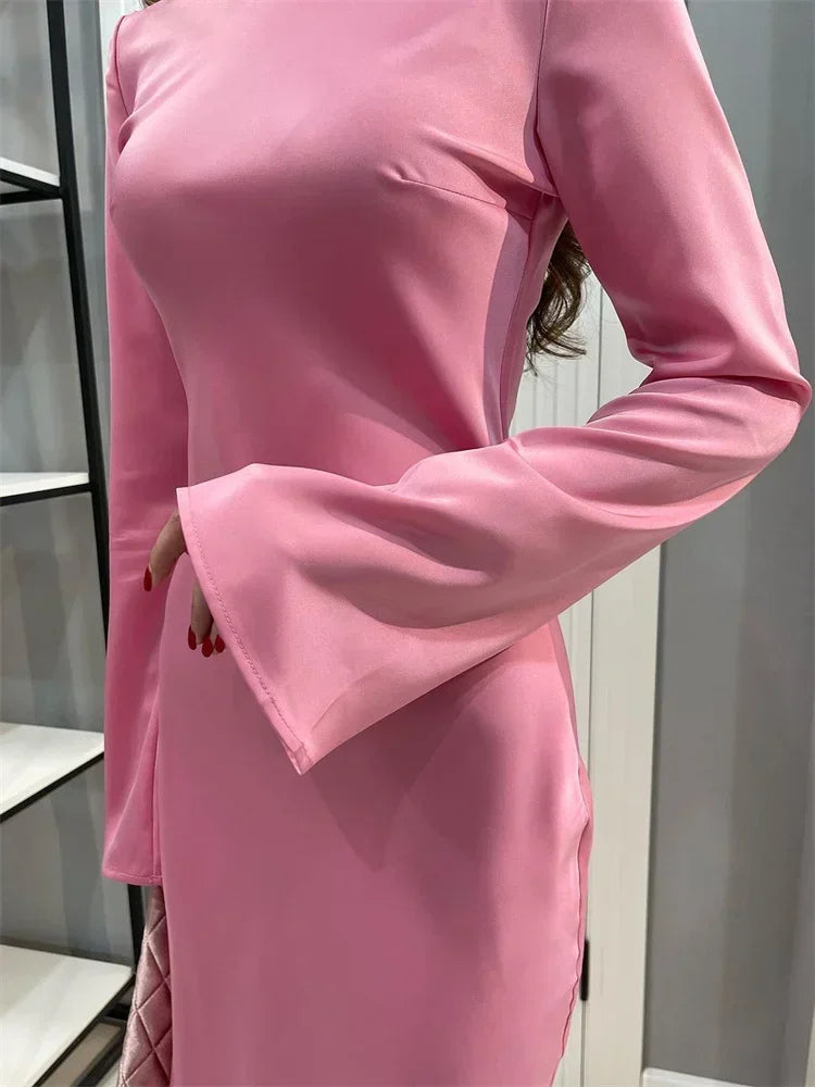 Satin Slim Maxi Dress for Long Sleeve High Waist Party Dress Autumn Dress