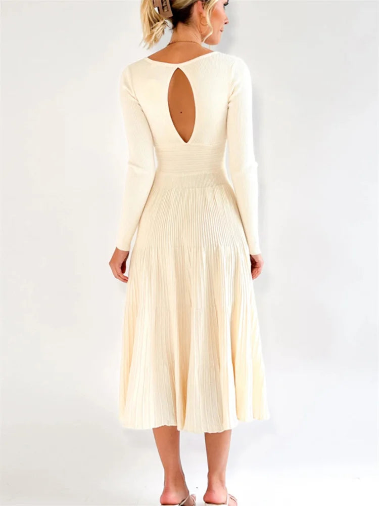 V-neck Backless Knit Maxi Dress for Slim Party Dress High Waist Ribbed Patchwork Long Dress