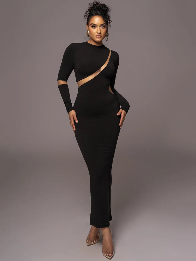 Turtleneck Long Sleeve Bodycon Maxi Dress for Autumn New Patchwork Hollow Out Club Party Long Dress Vestidos