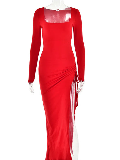 Bodycon High Split Drawstring Dress Long Sleeve Tight Evening Dress Party Female Maxi Dress Autumnnew