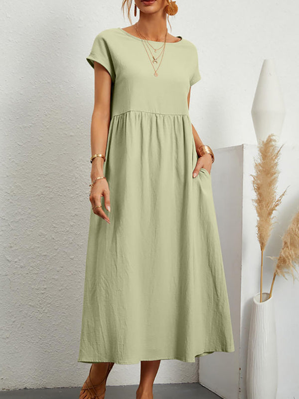 Loose Short Sleeves Pleated Color Round-neck Midi Dresses