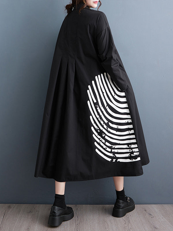 A-line Long Sleeves Asymmetric Buttoned Striped Lapel Midi Dresses