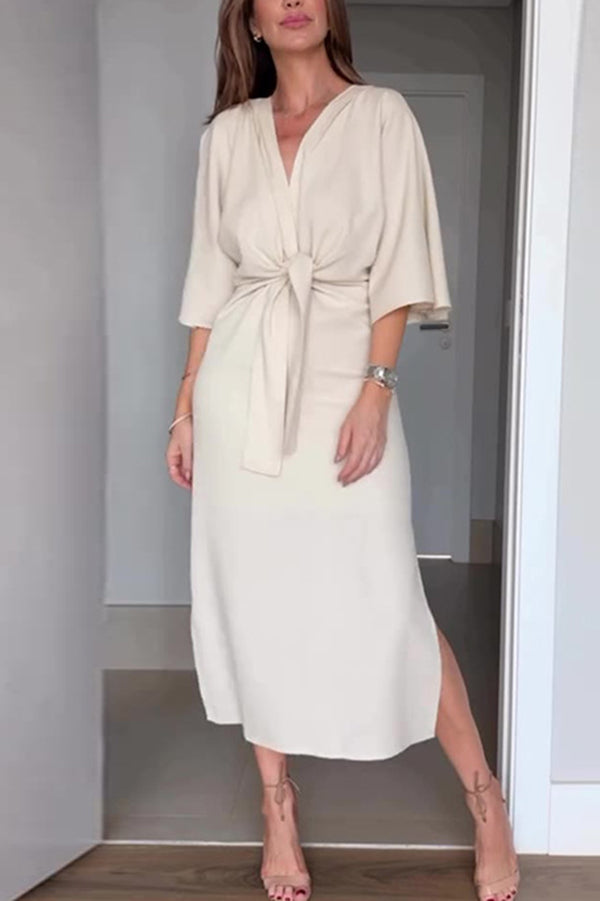 Color V-neck Half-sleeve Waist-tied Midi Dress