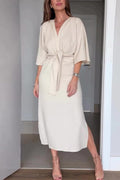 Color V-neck Half-sleeve Waist-tied Midi Dress