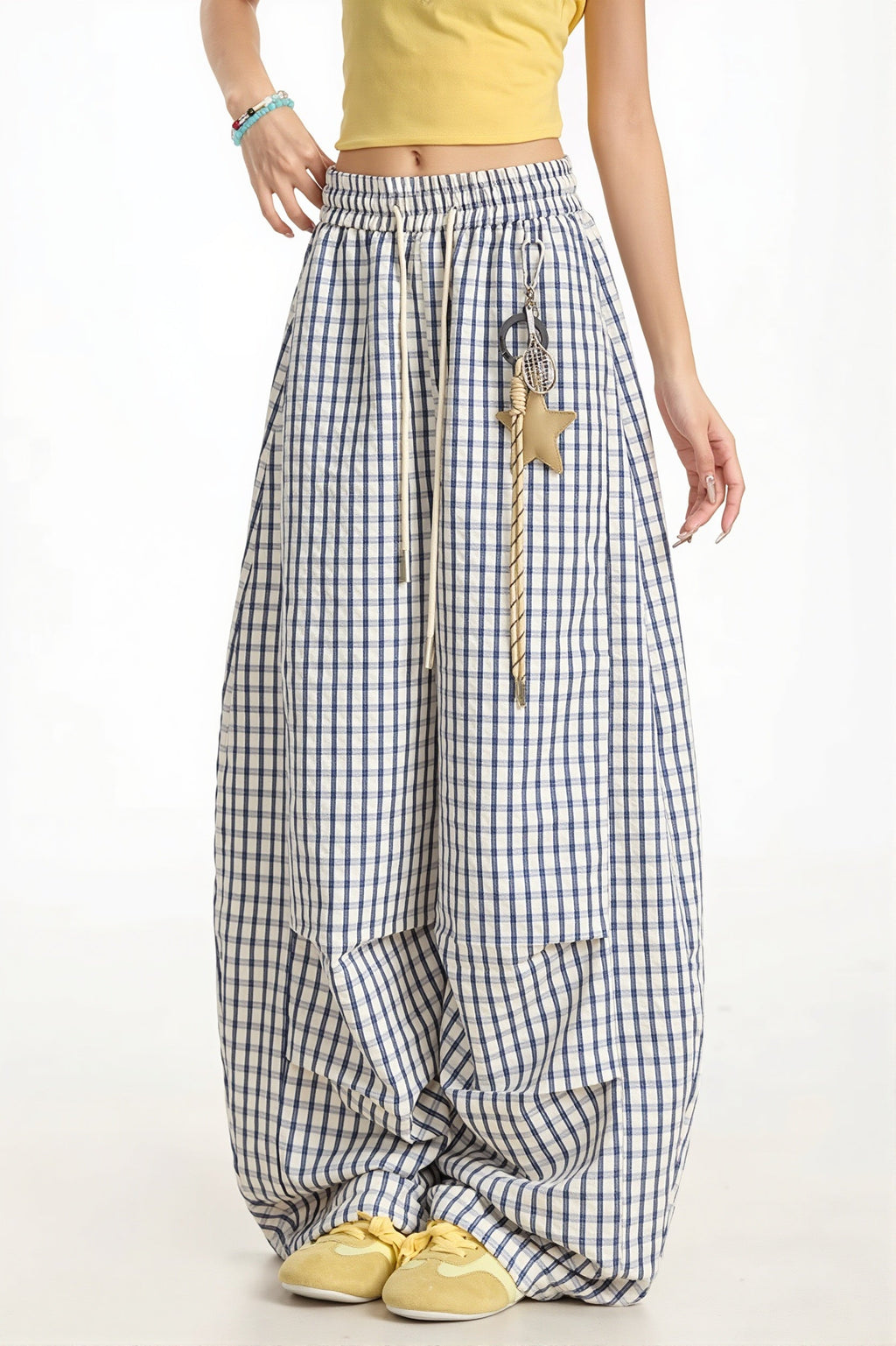 Blue Plaid Curved Pants