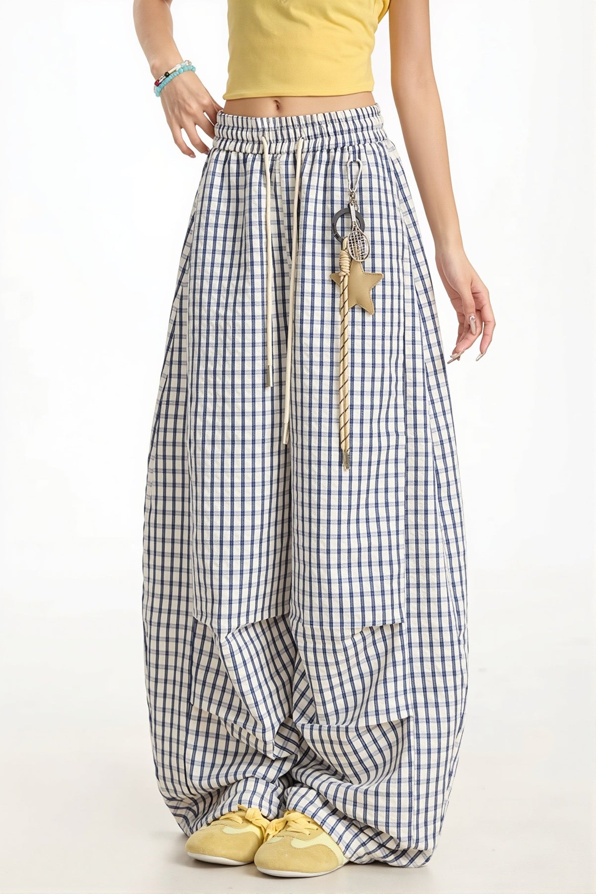Blue Plaid Curved Pants