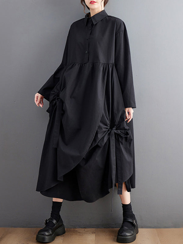 A-line Long Sleeves Buttoned Pleated Pockets Color Tied Lapel Midi Dresses Shirt Dress