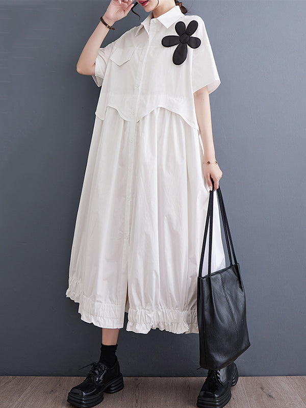 Loose Short Sleeves Elasticity Pleated Split-joint Lapel Midi Dresses